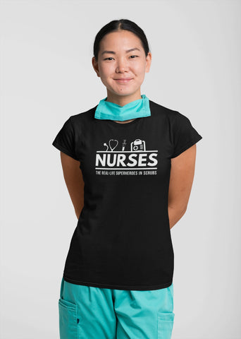 Image of Nurse the Real-Life Superheroes in Scrubs T-Shirt | Perfect Gift Idea for Nurses