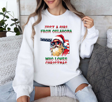 Image of Christmas Sweatshirt - USA Themed Oklahoma and Santa Claus Design