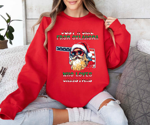 Image of Christmas Sweatshirt - USA Themed Oklahoma and Santa Claus Design