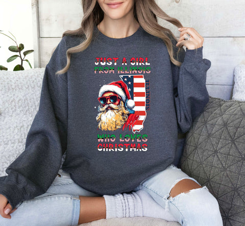 Image of Christmas Crewneck Sweatshirt - Santa Claus Xmas Pullover with Illinois Print