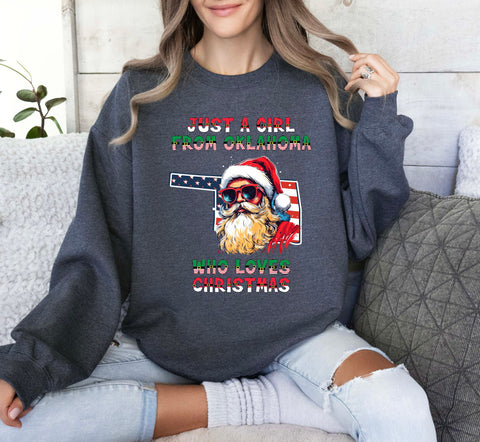 Image of Christmas Sweatshirt - USA Themed Oklahoma and Santa Claus Design