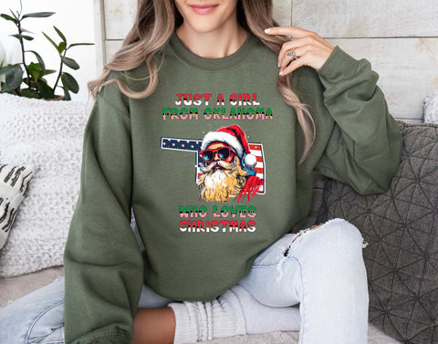 Image of Christmas Sweatshirt - USA Themed Oklahoma and Santa Claus Design