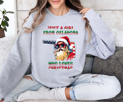 Image of Christmas Sweatshirt - USA Themed Oklahoma and Santa Claus Design