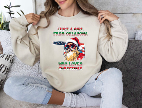 Image of Christmas Sweatshirt - USA Themed Oklahoma and Santa Claus Design