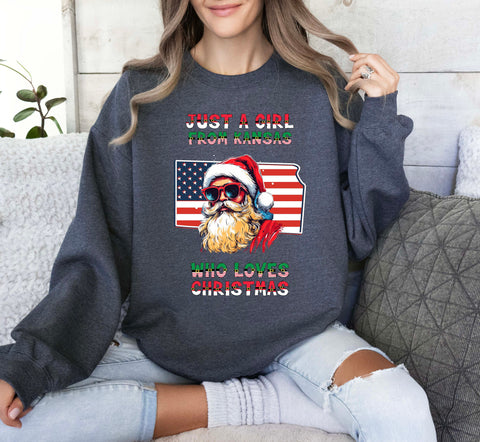 Image of USA Santa Claus Xmas Sweatshirt with Kansas Pull Over Design - Perfect Xmas Gift for Her