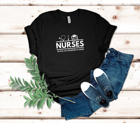 Image of Nurse the Real-Life Superheroes in Scrubs T-Shirt | Perfect Gift Idea for Nurses