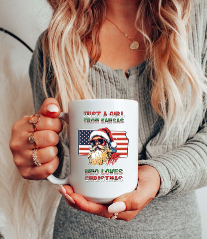 Image of USA Christmas Mug - Festive Santa Claus Xmas Mug for the Holidays - Kansas Themed Design