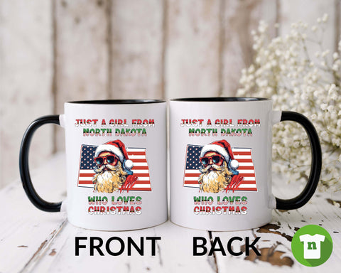 Image of North Dakota Xmas Mug with Santa Claus - Funny Coffee Mug for Holiday Gifting
